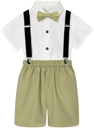 Kids Boys Summer British Style Short Sleeved Shirt Suspenders Shorts Set