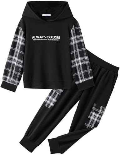 Stylish Arshiner Boys Plaid Letter Graphic Hoodie Sweatpants Set