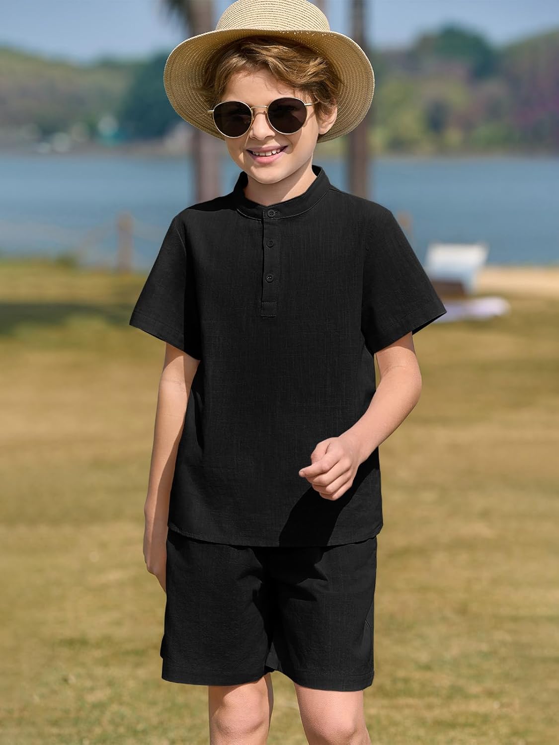 Haloumoning Boys Henley Set - Soft Cotton Beachwear for Kids