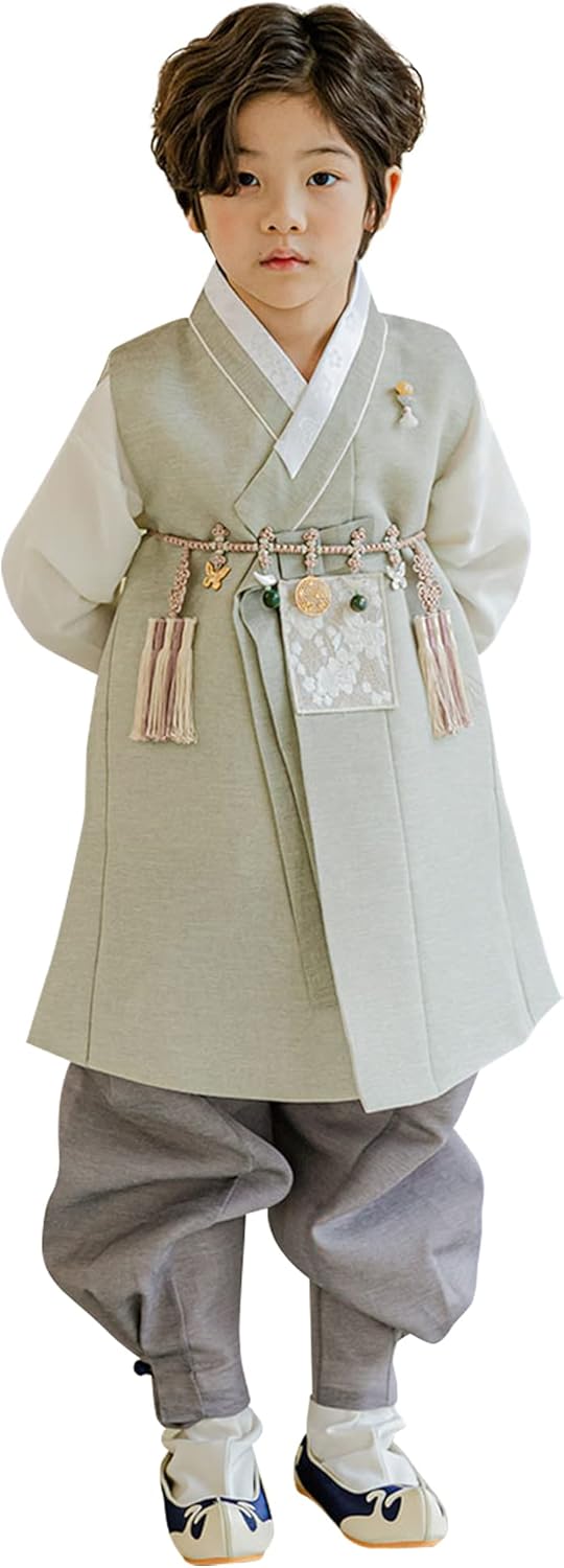 Stunning Korean Striped Green Boy Hanbok for Birthdays Celebrations