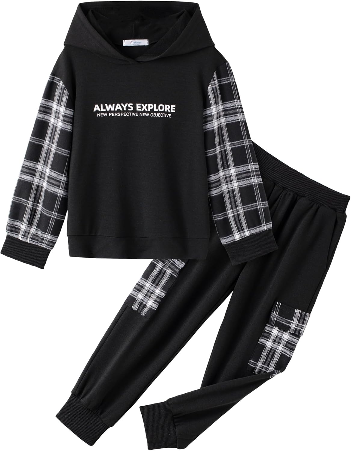 Stylish Arshiner Boys Plaid Letter Graphic Hoodie Sweatpants Set
