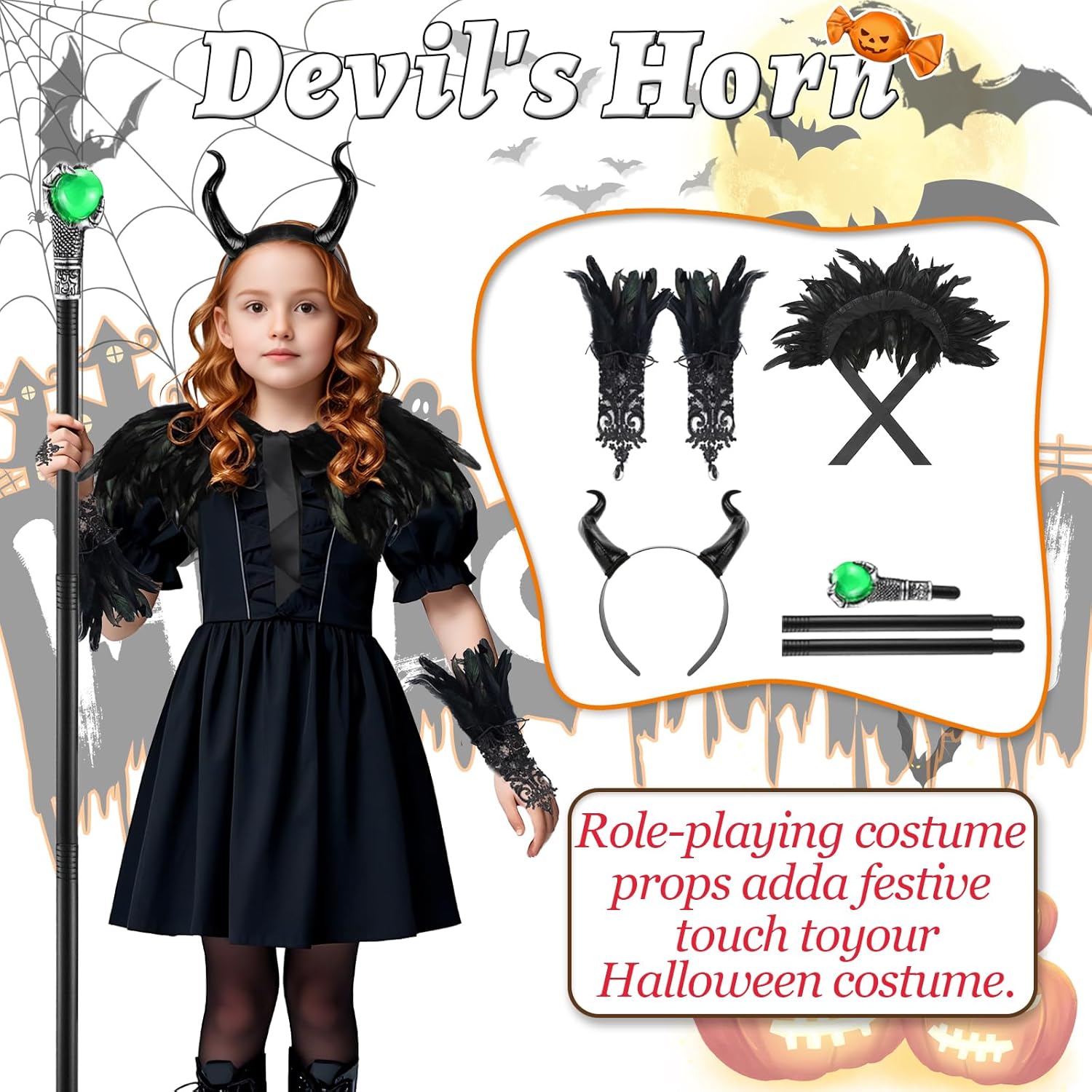EVL Authentic Maleficent Dressup costume for Kids Girls Halloween wdth 10wrdz