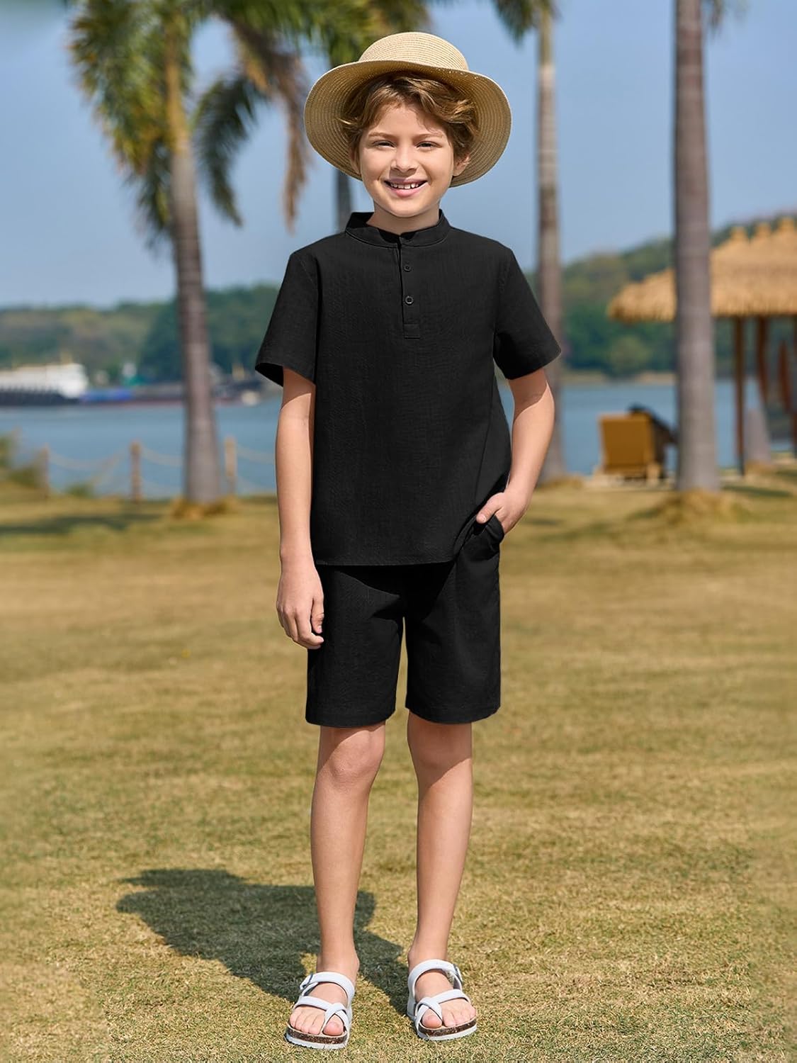 Haloumoning Boys Henley Set - Soft Cotton Beachwear for Kids