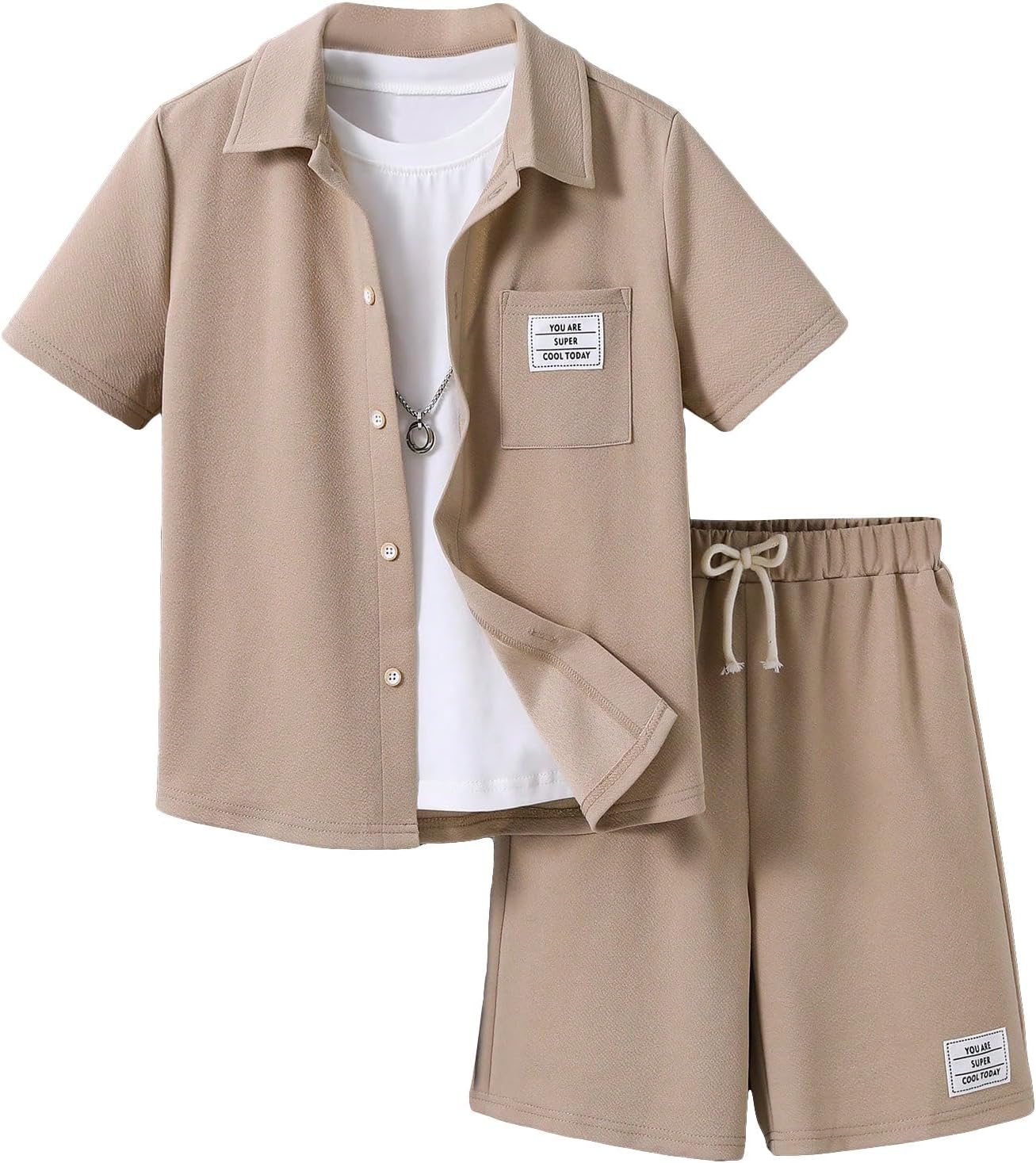 Floerns Boys Two-Piece Outfit with Button Front Shirt and Drawstring Shorts