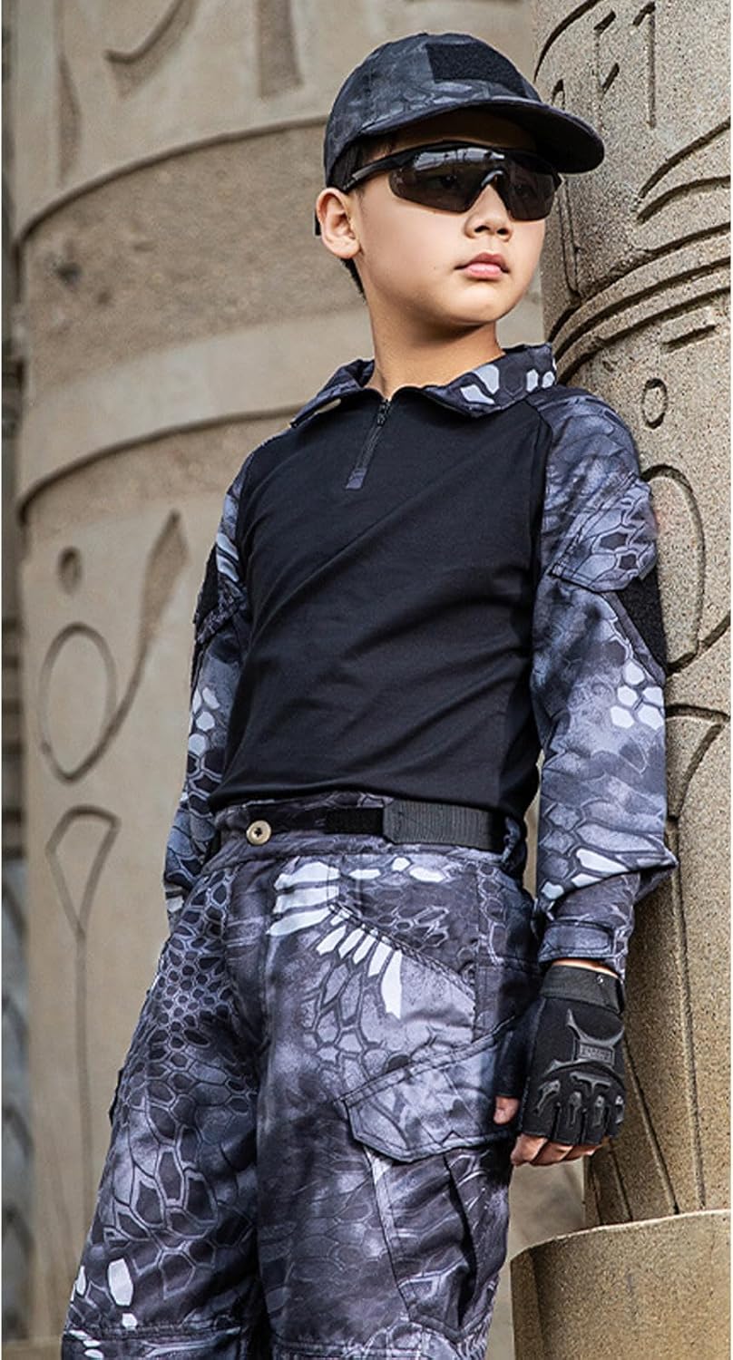 QIYUANT Kids Camouflage Tactical T-Shirt Pants Set Multi-Activity Outdoor Fashion