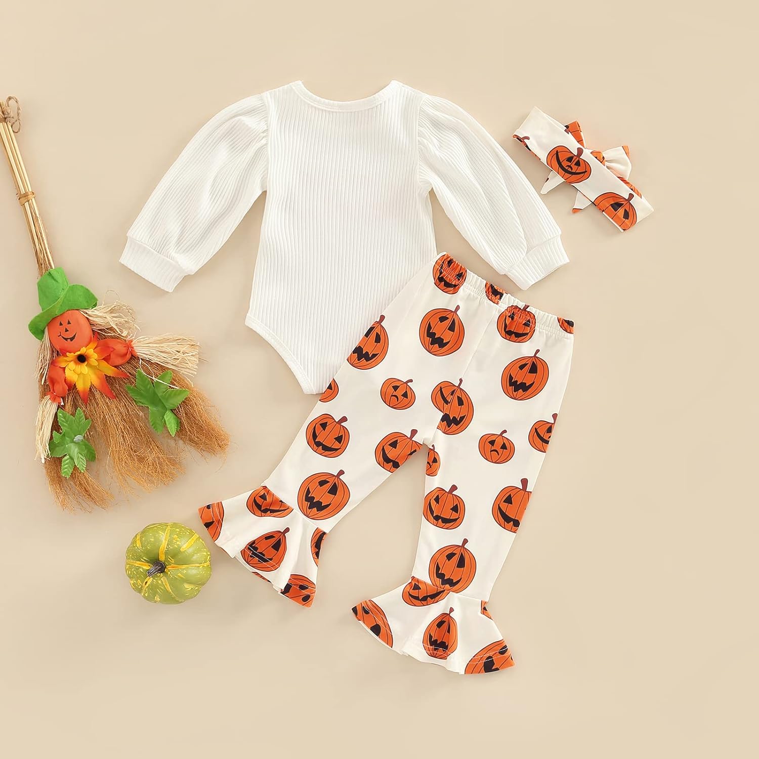 My First Halloween Baby Girl Outfit ROMPER BELL BOTTOMS HEADBAND