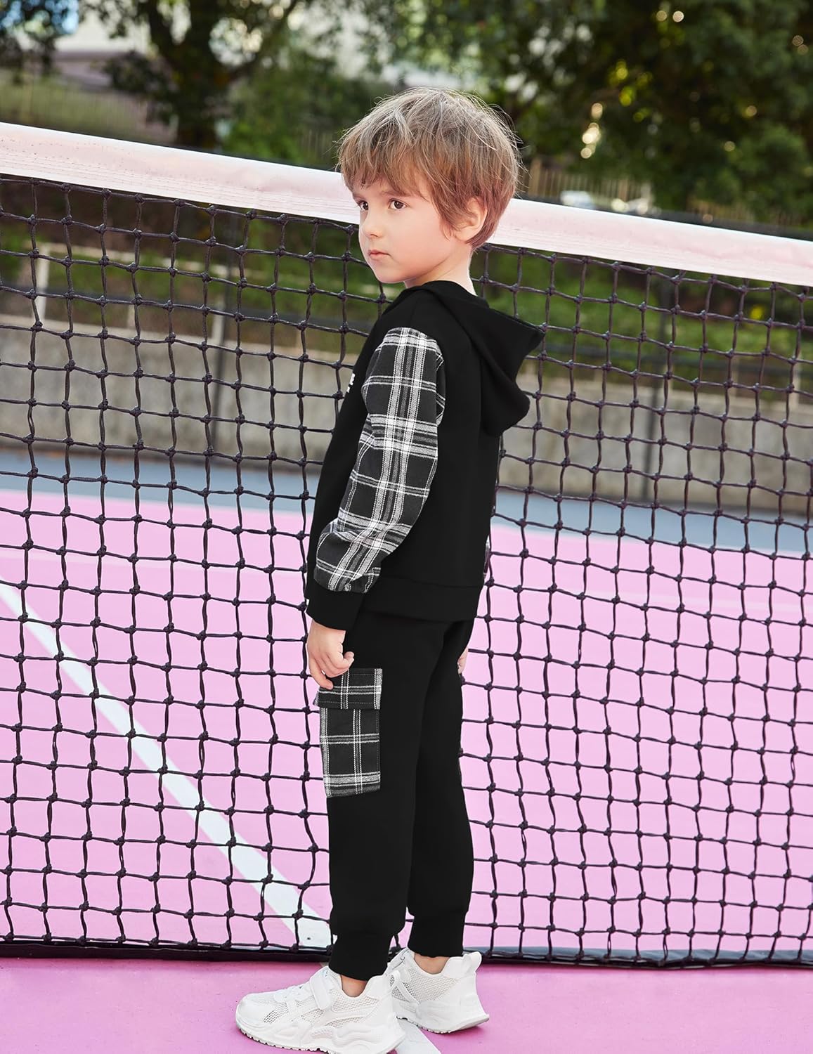 Stylish Arshiner Boys Plaid Letter Graphic Hoodie Sweatpants Set