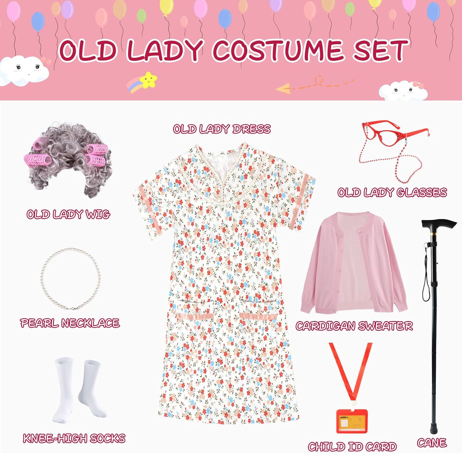 9-Piece OldLady Costume for Kids
