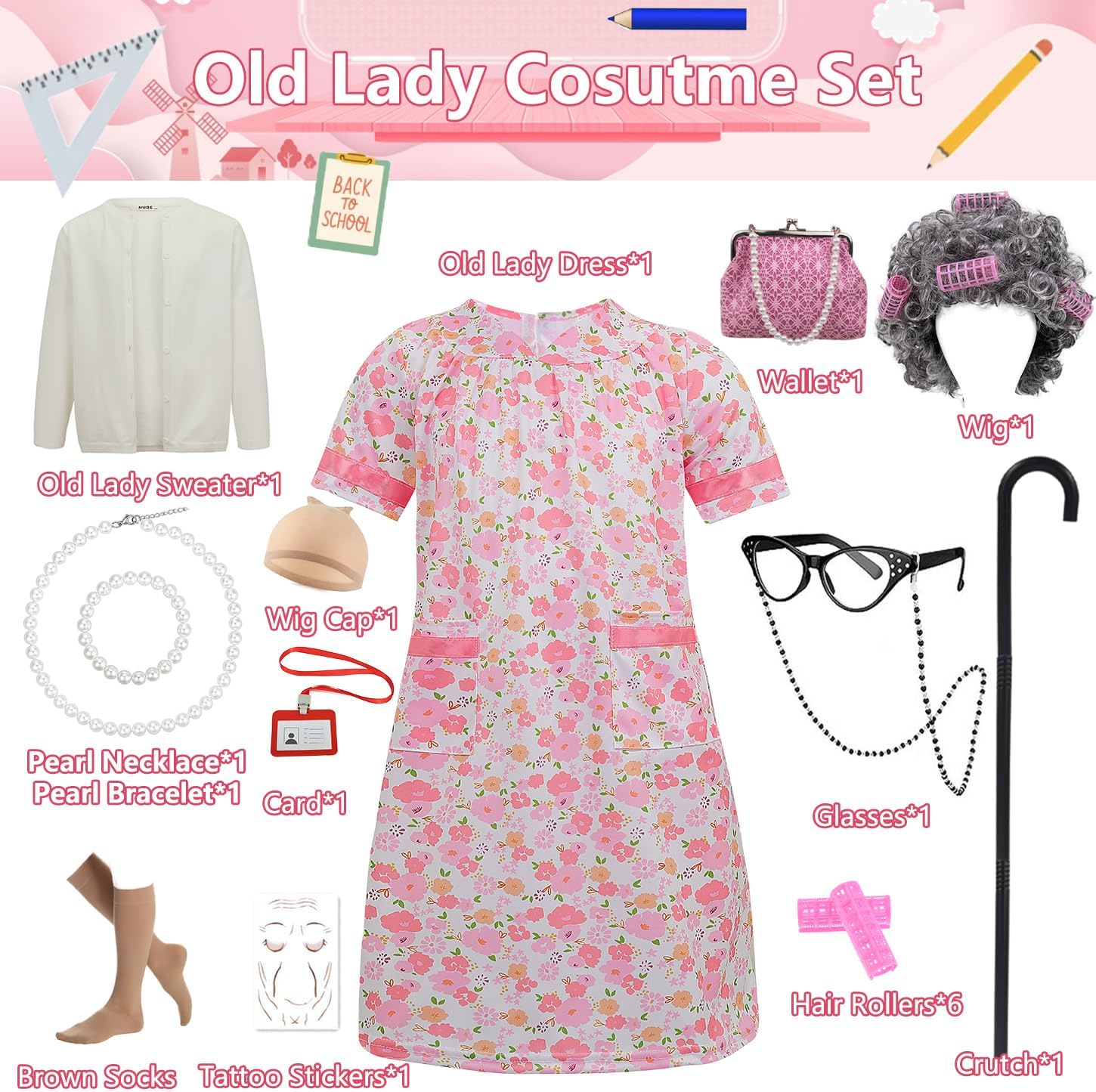 17-Piece Grandma Play Outfit for Girls and Grandma