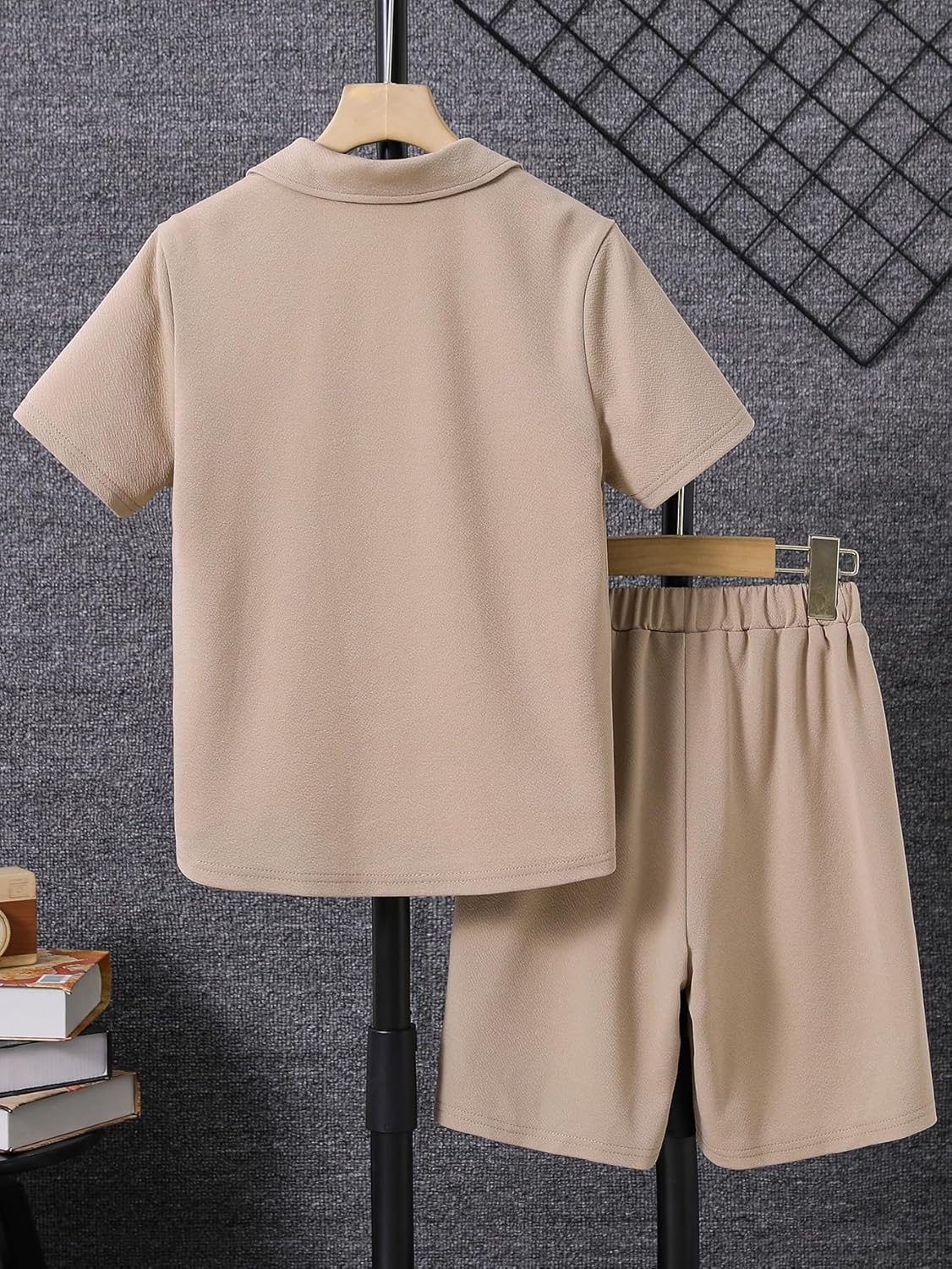 Floerns Boys Two-Piece Outfit with Button Front Shirt and Drawstring Shorts