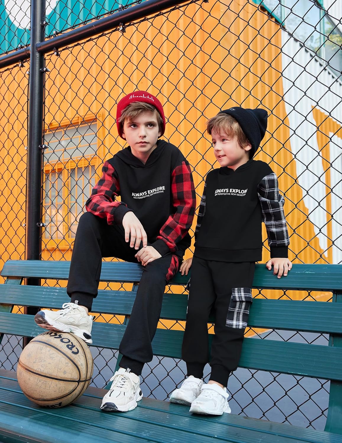 Stylish Arshiner Boys Plaid Letter Graphic Hoodie Sweatpants Set